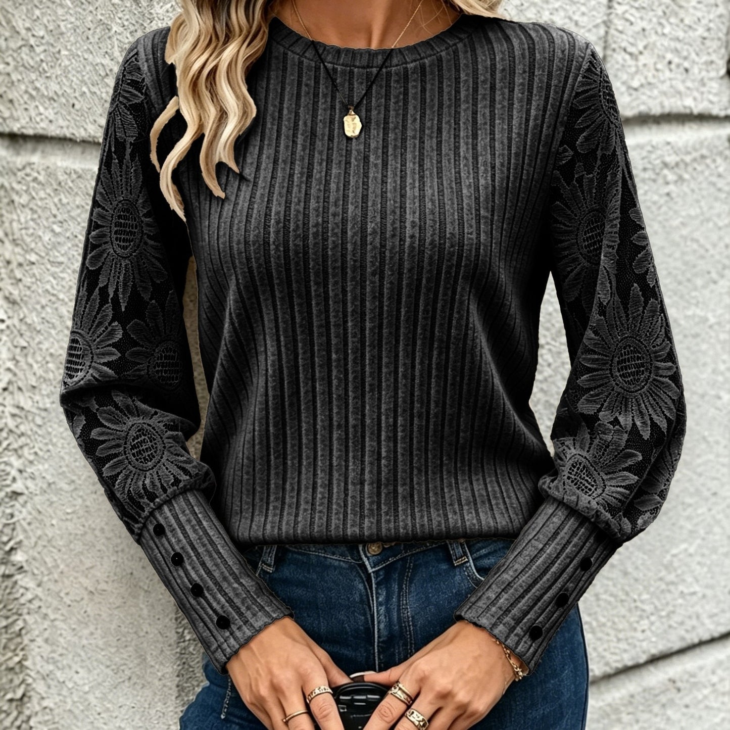 Women's rib-knit sweater with lace sleeves and a crew neck