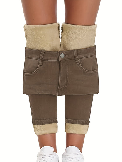 Women's lined thermal jeans, brown, high-waisted
