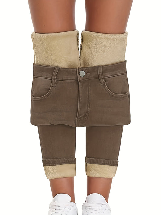 Women's lined thermal jeans, brown, high-waisted