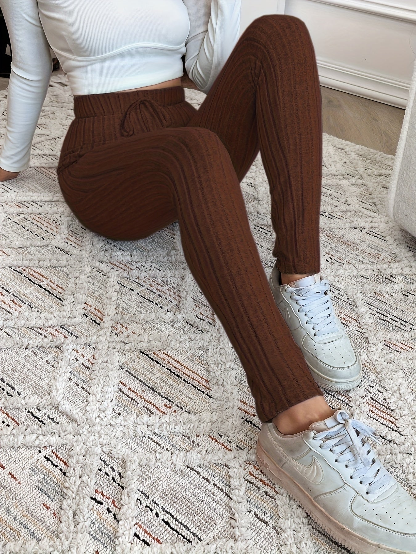 Gerippte Leggings für Damen mit hoher Taille und Kordelzug