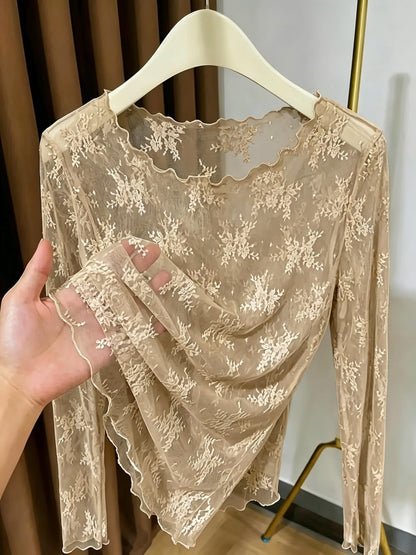 Women's long-sleeve shirt with floral embroidery and transparent design – elegant and versatile lace look for special occasions