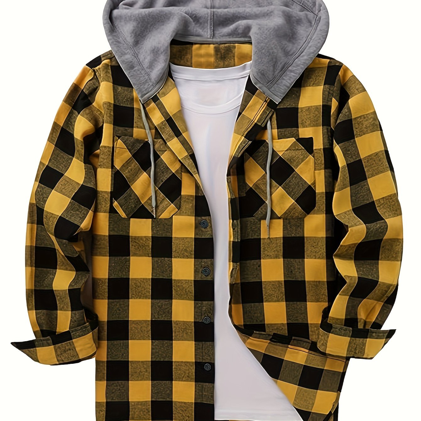 Men’s plaid hooded shirt with button placket