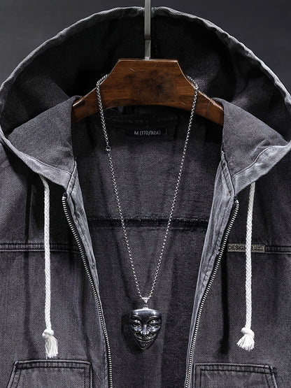 Men's denim vest with hood, sleeveless, with zipper and pockets