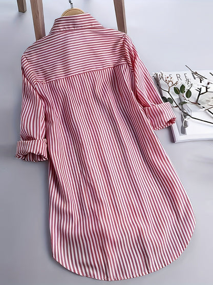 Damen Längsgestreiftes Hemdblusenkleid mit Knopfleiste und Reverskragen – Eleganter Alltags-Look
