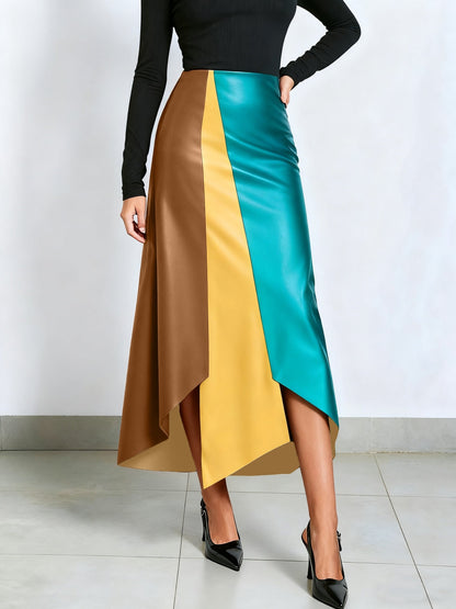 Color-block midi skirt with an asymmetrical faux-leather hem