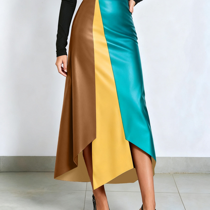 Color-block midi skirt with an asymmetrical faux-leather hem