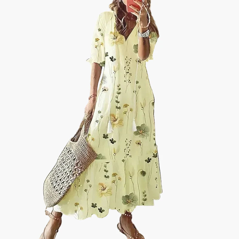 Women's Long Bohemian Dress – Long Summer Dress with Flower Print, Ideal for Beach & Leisure