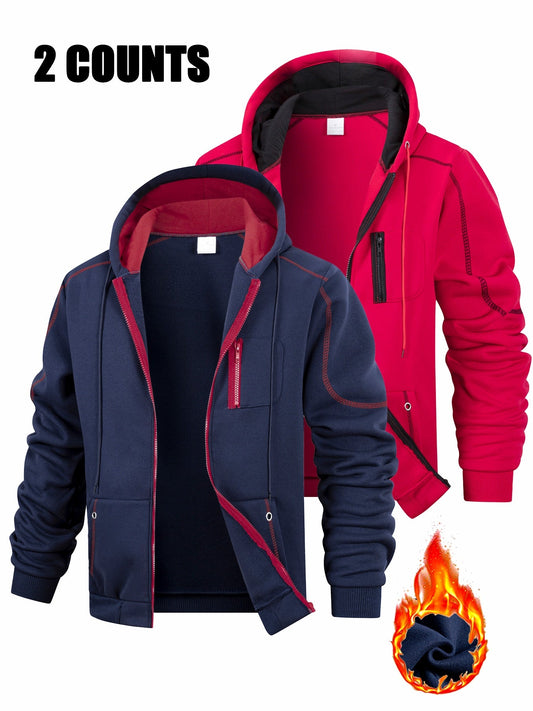 2-Pack Men's Hoodie Jacket Set, Zip-Up Hoodies, Fleece-Lined, Navy Blue, Black, Red