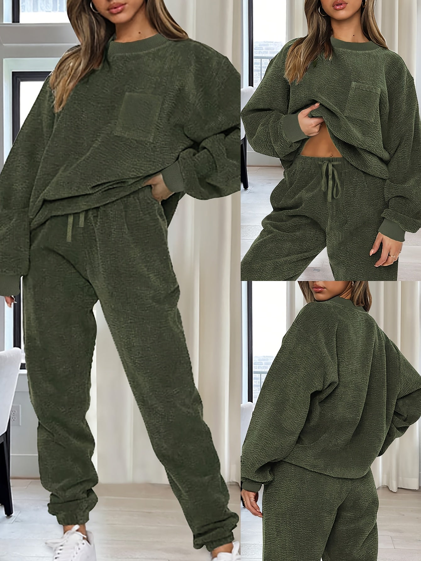 Damen Zweiteiler Lounge-Set Grün mit Struktur Langarmshirt und Jogginghose