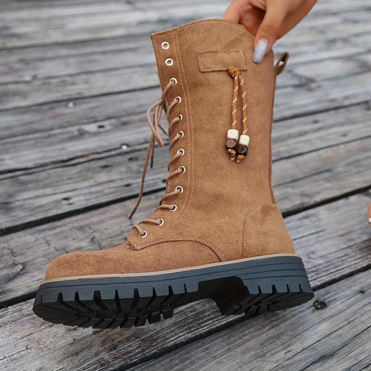 Damen Schnürstiefel Stiefeletten Hellbraun Mittelhoch Profillaufsohle