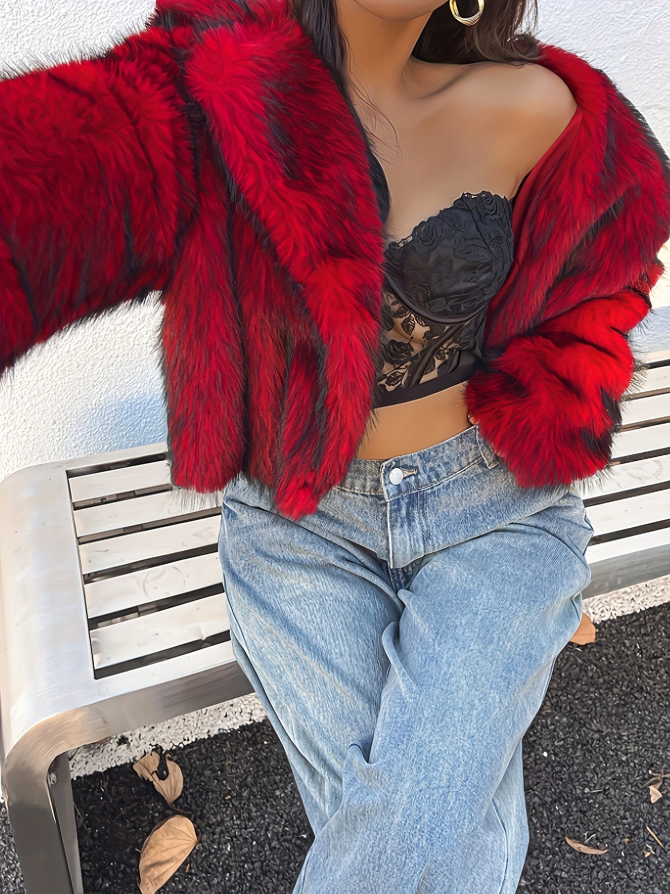 Short faux fur jacket, red and black patterned, with a wide collar