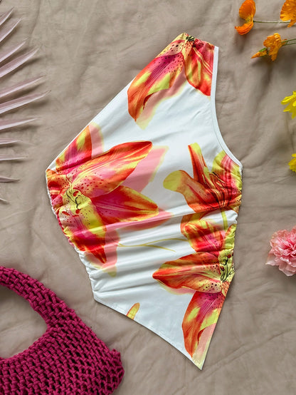 Women's One-Shoulder Swimsuit Elegant Floral Pattern for Spring & Summer
