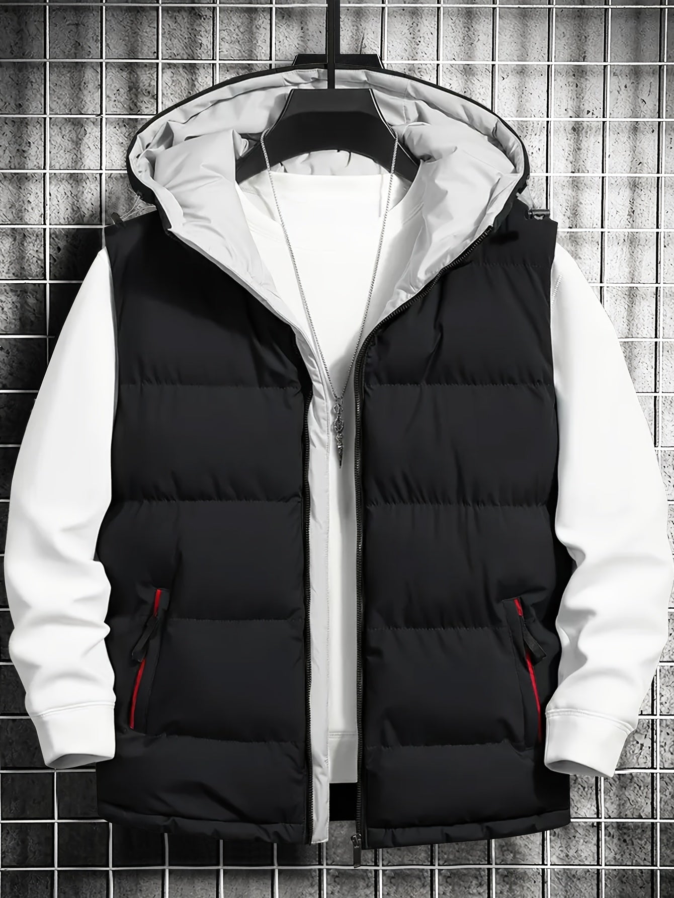 Men's quilted vest with hood, zipper & pockets, padded, black