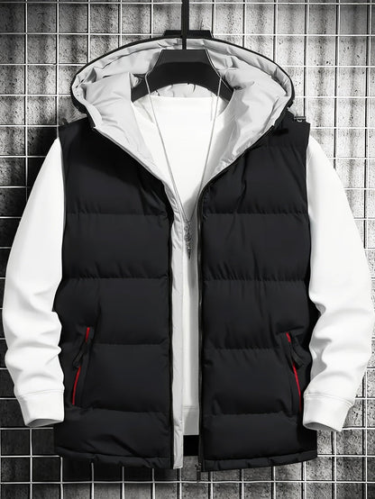 Men's quilted vest with hood, zipper & pockets, padded, black