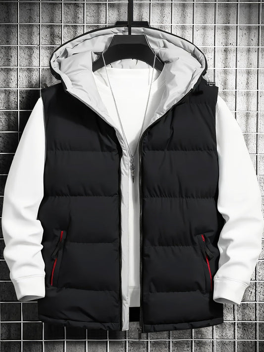 Men's quilted vest with hood, zipper & pockets, padded, black