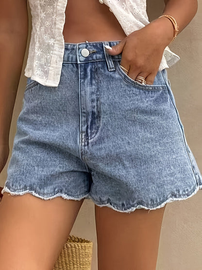 Women's High Waist Denim Shorts with Scalloped Hem in Casual Summer Style