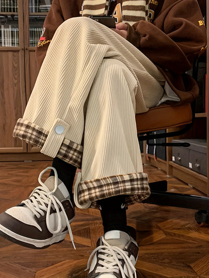 Corduroy trousers with a checked cuff – Wide fit, unisex
