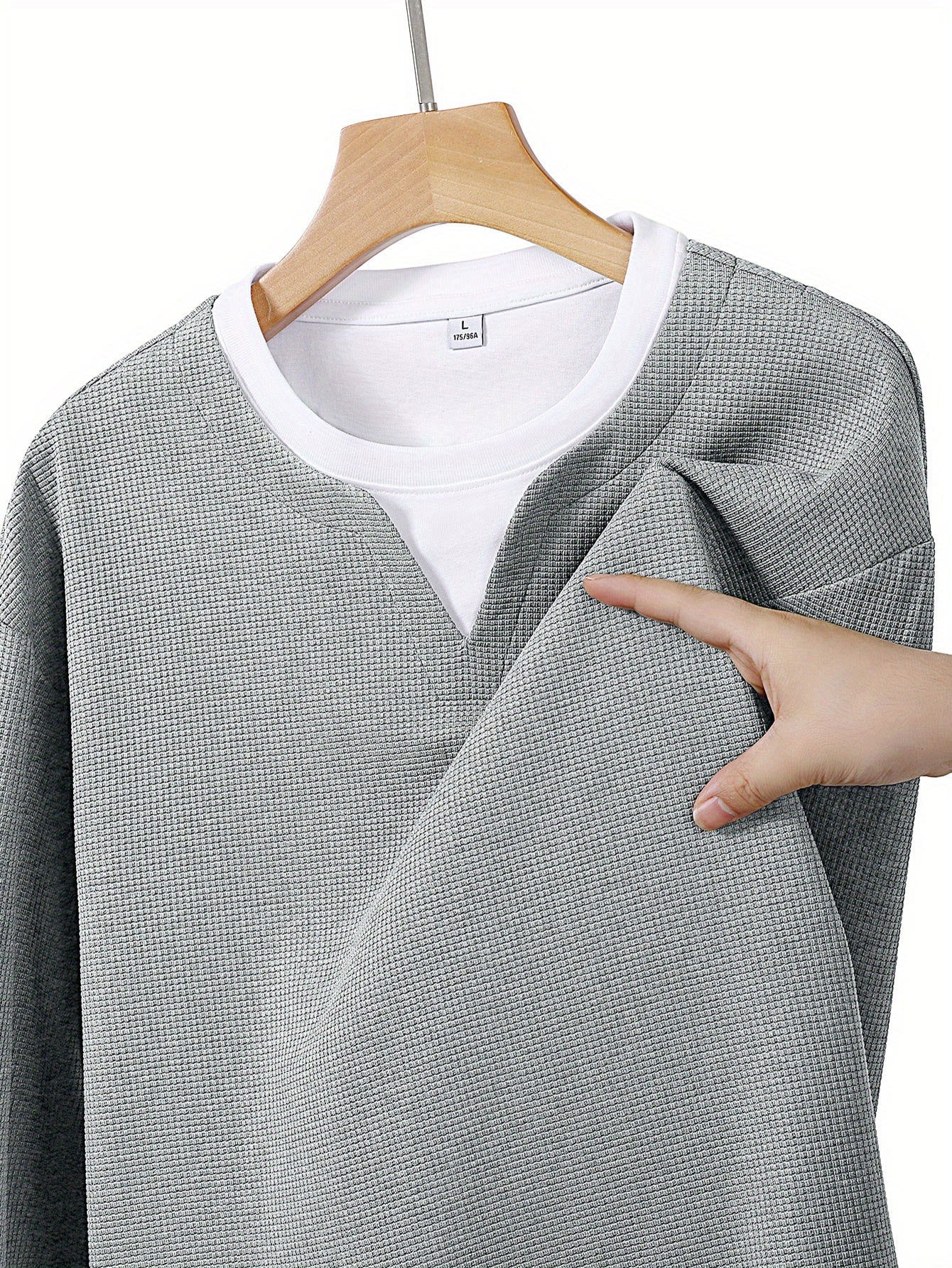 Men's Long-Sleeve Sweater, Waffle Texture, V-Neck, Two-Layer Look, Gray/Black