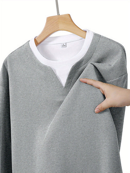Men's Long-Sleeve Sweater, Waffle Texture, V-Neck, Two-Layer Look, Gray/Black