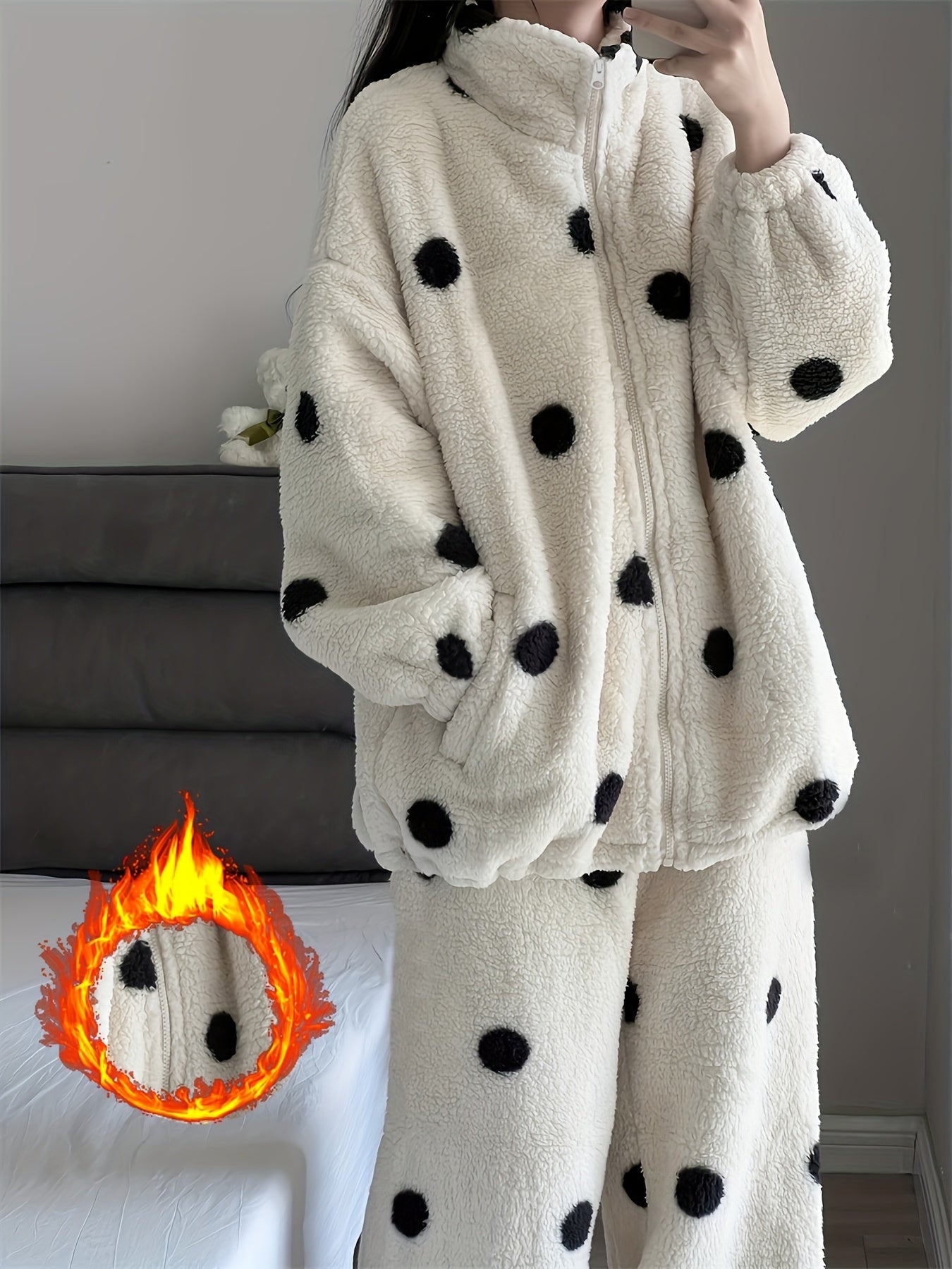 Women's Loungewear Set Plush Polka Dots Zipper Stand Collar Pajamas