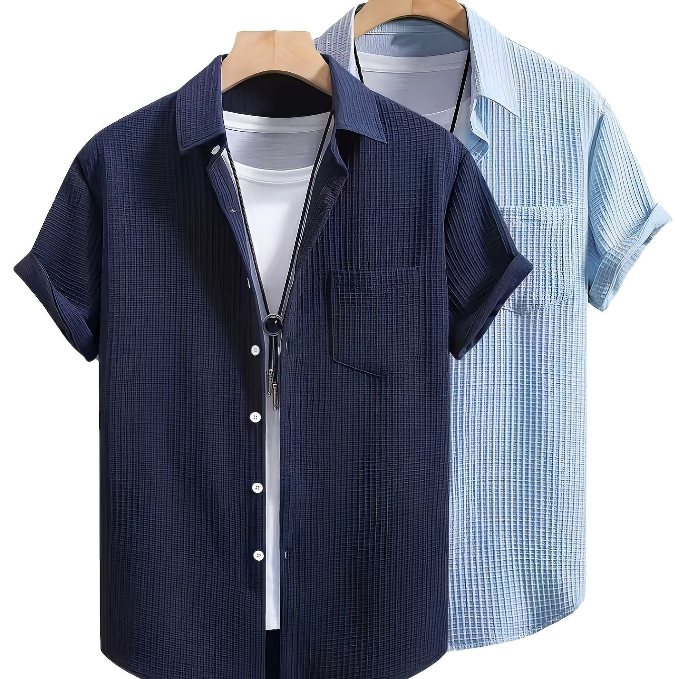Men's Structured Short-Sleeve Casual Shirt – Fashionable Waffle Pattern, Ideal for Vacation & Everyday Wear