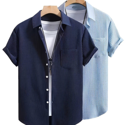 Men's Structured Short-Sleeve Casual Shirt – Fashionable Waffle Pattern, Ideal for Vacation & Everyday Wear