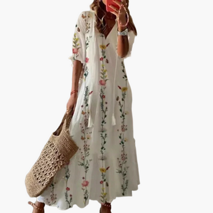 Women's Long Bohemian Dress – Long Summer Dress with Flower Print, Ideal for Beach & Leisure