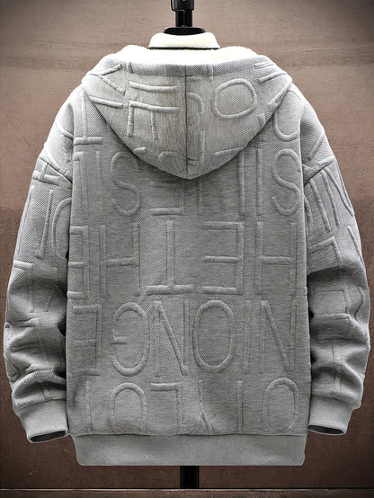 Unisex hooded jacket with fleece lining and raised lettering, zipper, kangaroo pockets, in black