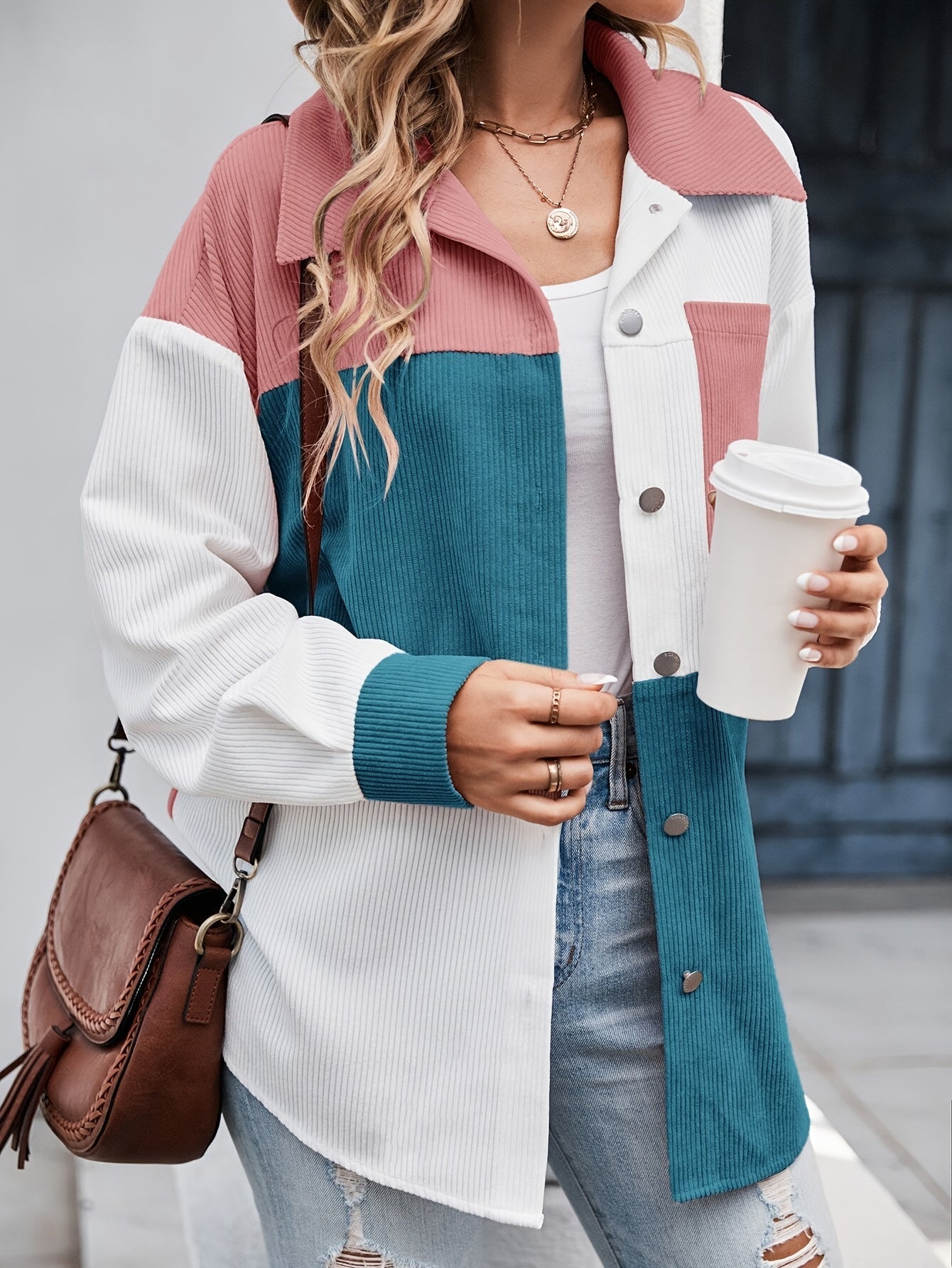 Cordhemdjacke im Colorblocking-Design Langarm Oversized