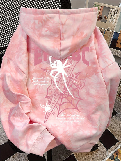 Pink tie-dye hoodie with spider print and hood