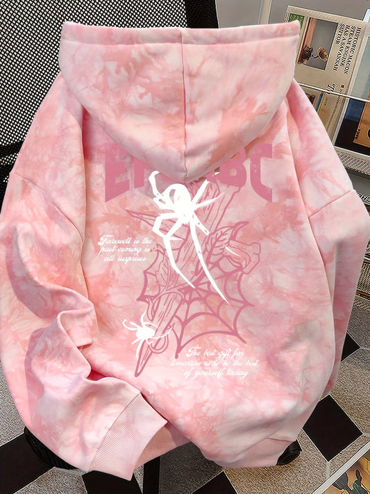 Pink tie-dye hoodie with spider print and hood