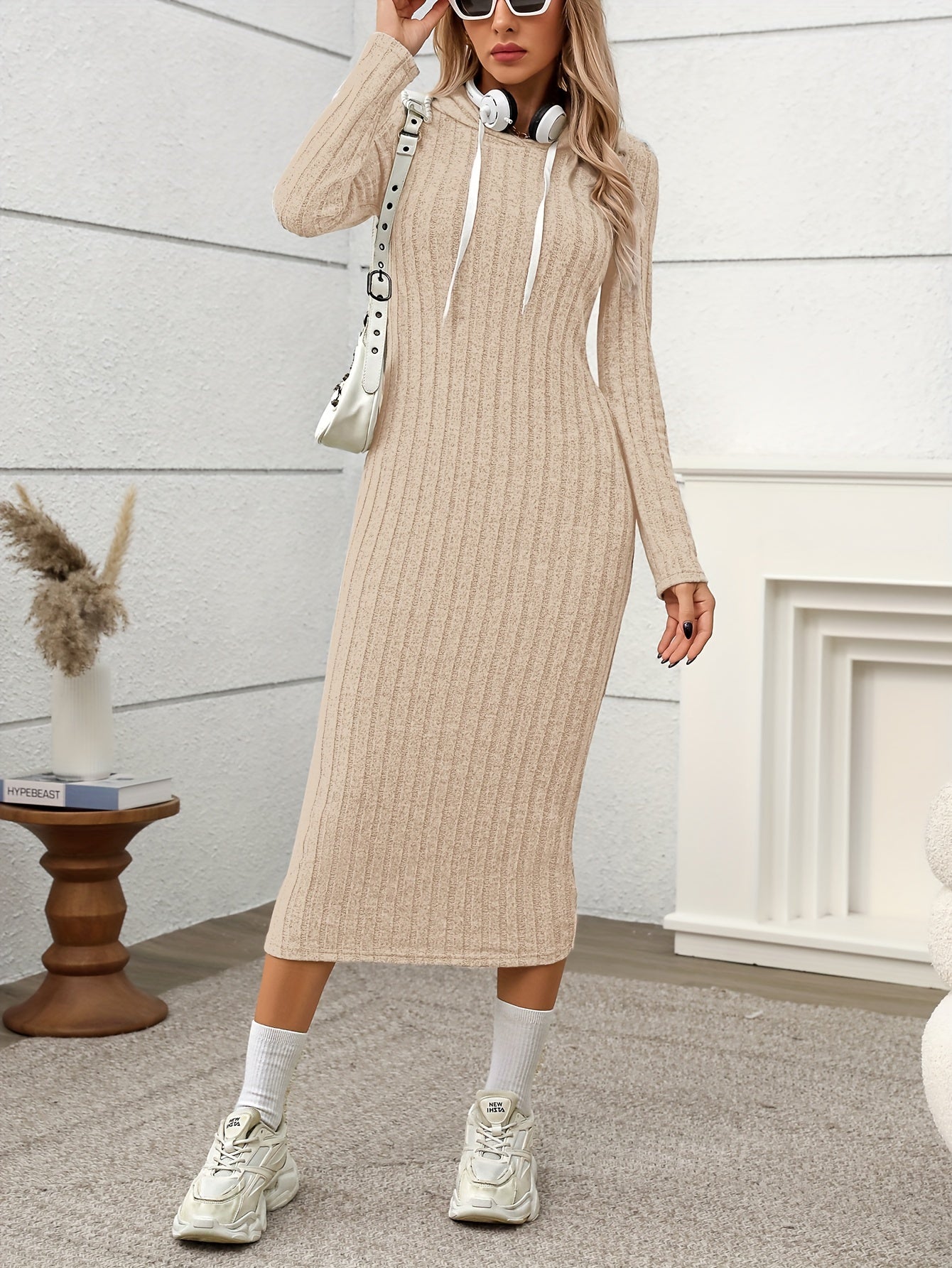 Ribbed midi dress for women, long-sleeve hooded dress