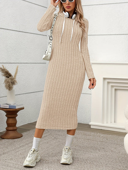 Ribbed midi dress for women, long-sleeve hooded dress