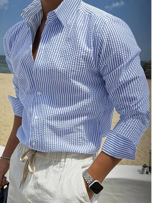 Men's Casual Shirt with Stripes – Stylish Regular Fit Business & Beach Shirt