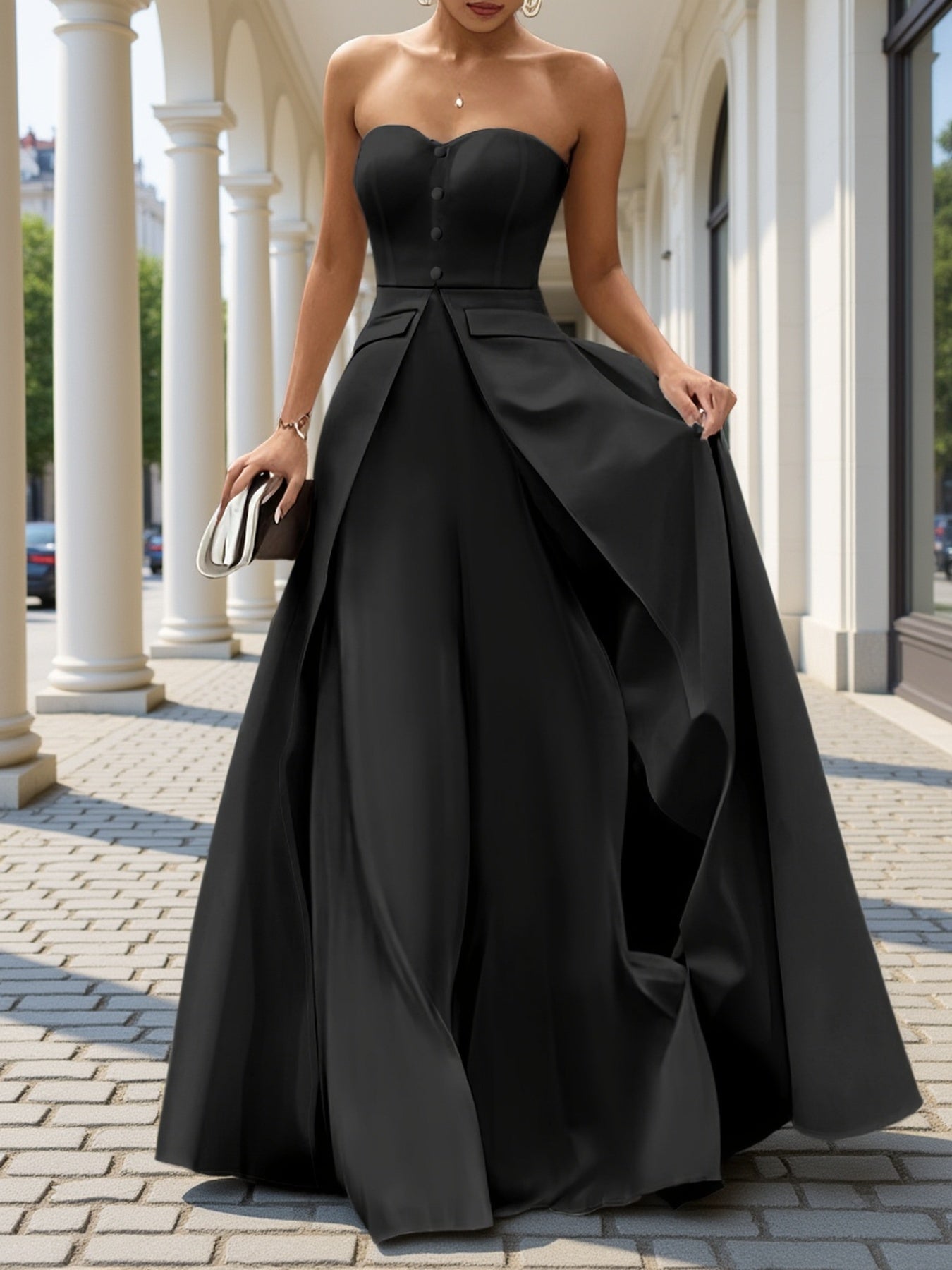 Women's Elegant Evening Dress with Bandeau Top and Button Placket – Perfect for Festive Occasions