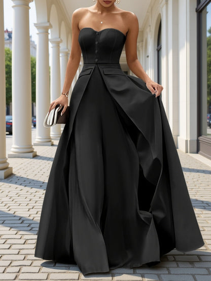 Women's Elegant Evening Dress with Bandeau Top and Button Placket – Perfect for Festive Occasions