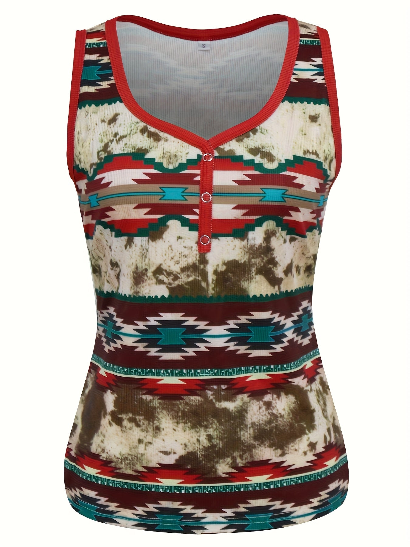 Women's Ethno-Style Summer Top with Button Placket and Geometric Pattern – Casual Leisurewear