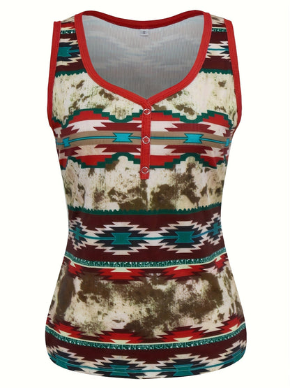 Women's Ethno-Style Summer Top with Button Placket and Geometric Pattern – Casual Leisurewear