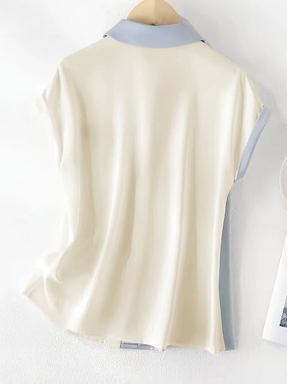 Women's Elegant Colorblock Blouse with Flutter Sleeves and Button Placket – Summer Business Casual