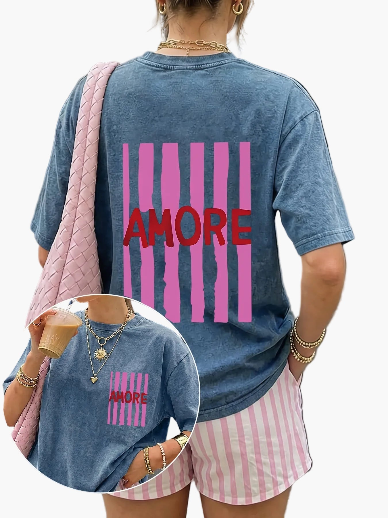 Women's Oversize Casual T-Shirt with 'AMORE' Print and Stripes – Summer Streetwear