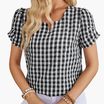 Women's Elegant Checked Blouse with Neckline – Perfect for Spring & Summer
