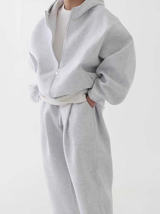 Hoodie & Jogginghose Set Unisex - Grau Melange Sportanzug mit Reißverschluss