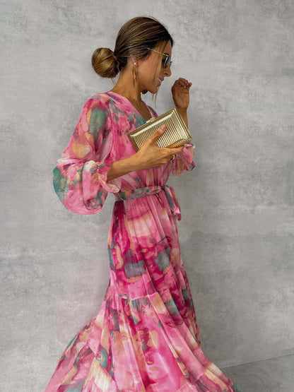 Tracy – Elegantes Chiffon-Kleid mit Raffung und Patchwork