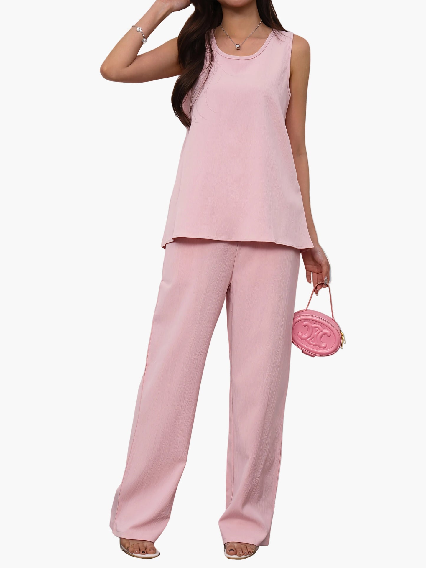 Women's Two-Piece Set – Elegant Sleeveless Top and Wide Pants, Fashionable for Spring and Summer, Casual Business & Everyday Wear