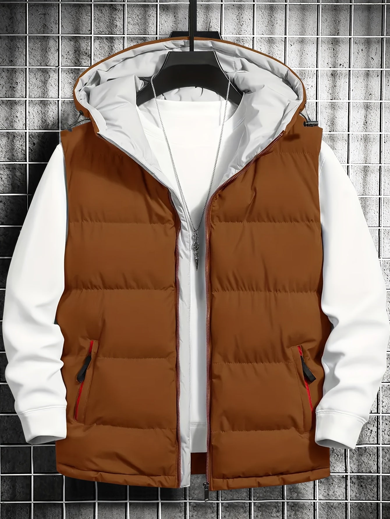 Men's quilted vest with hood, zipper & pockets, padded, black