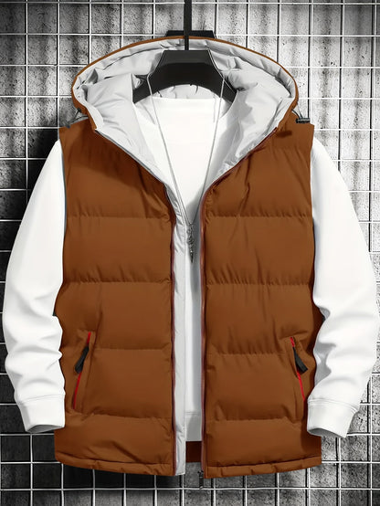 Men's quilted vest with hood, zipper & pockets, padded, black