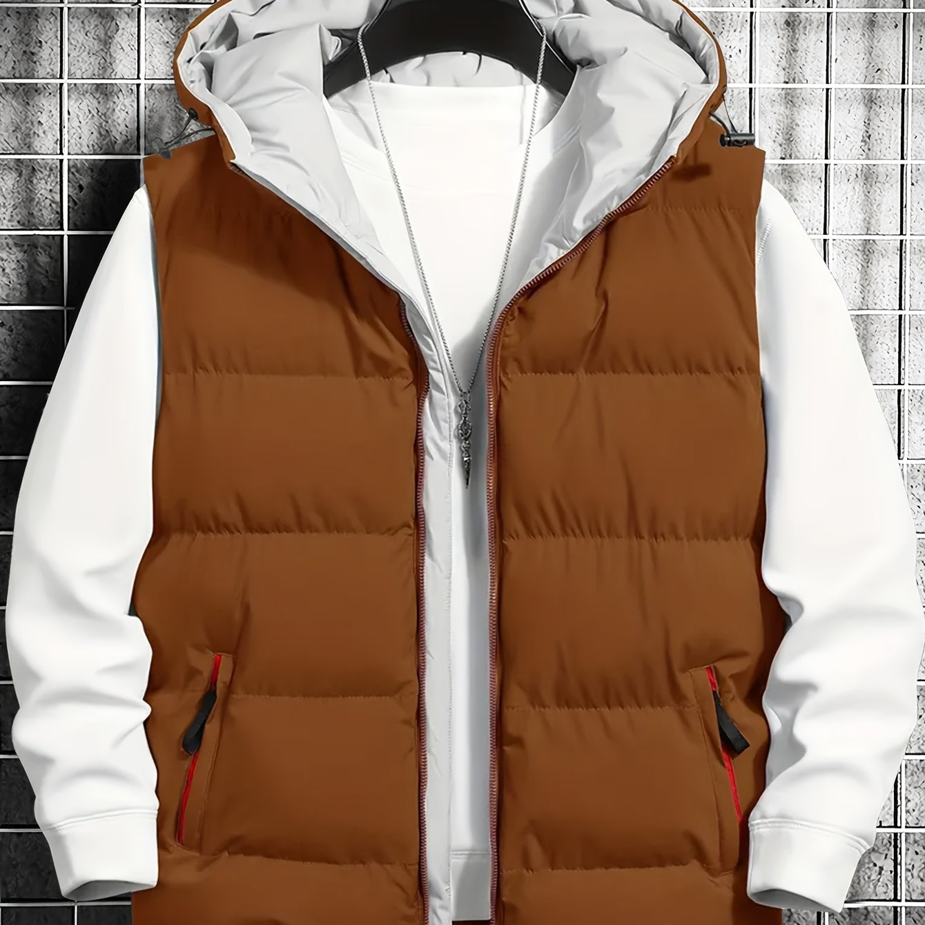 Men's quilted vest with hood, zipper & pockets, padded, black