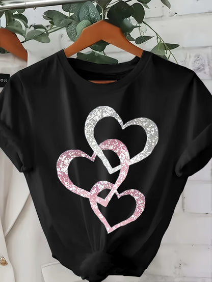 Damen T-Shirt mit Glitzer-Herz-Print, Casual Sommer Style