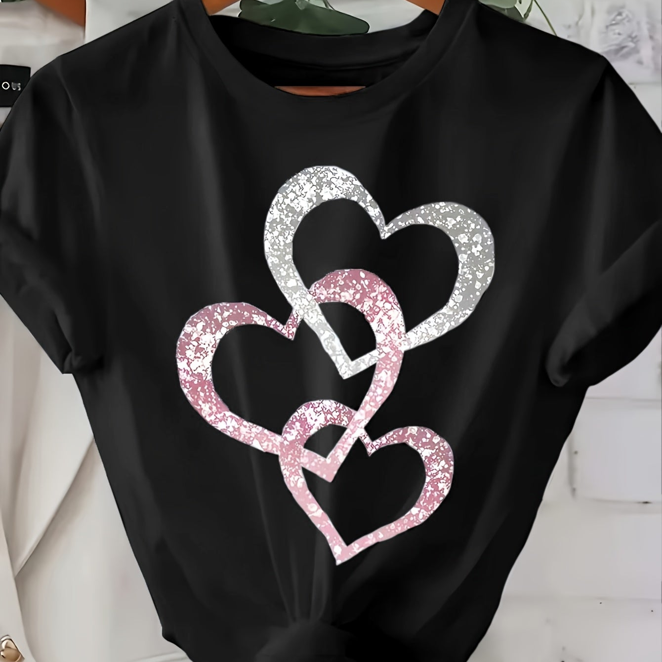 Damen T-Shirt mit Glitzer-Herz-Print, Casual Sommer Style