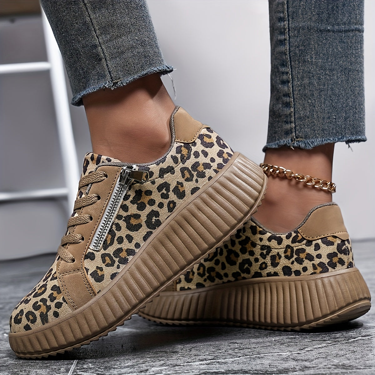 Women's Platform Sneakers with Leopard Print and Zipper – Fashionable Casual Shoes for Everyday and Street Style